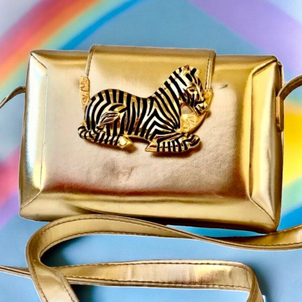 Vintage Crossbody Handbag Gold Faux Leather + Zebra Hard Framed Bag